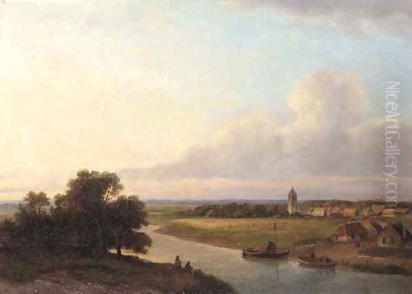 A village along a river Oil Painting by Lodewijk Johannes Kleijn