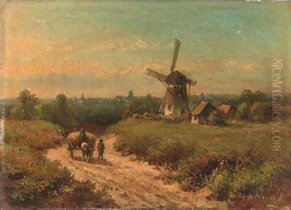 Harvesters on a sandy track by a windmill Oil Painting by Lodewijk Johannes Kleijn