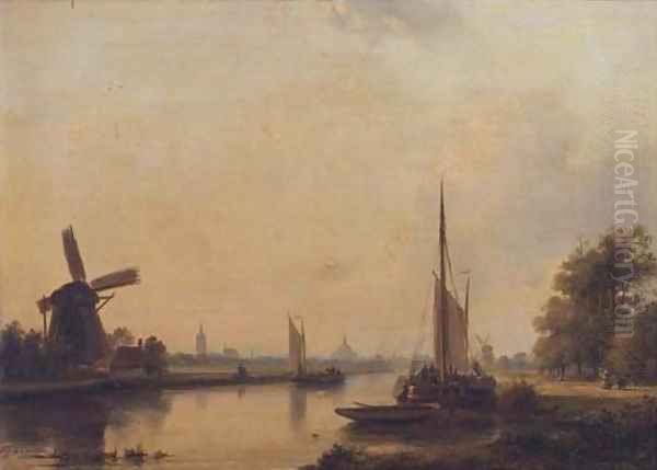 Moored vessels on the Vliet, The Hague beyond Oil Painting by Lodewijk Johannes Kleijn