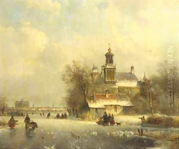 Numerous skaters on the ice by a church, a koek and zopie and a sunlit town in the distance Oil Painting by Lodewijk Johannes Kleijn