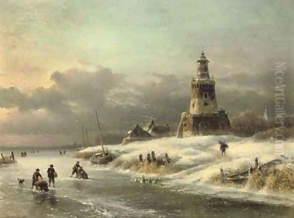 On the ice near a lighthouse Oil Painting by Lodewijk Johannes Kleijn