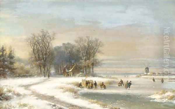 Skaters on the ice by a koek en zopie, a windmill in the distance Oil Painting by Lodewijk Johannes Kleijn