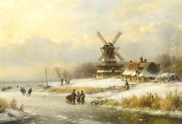 Skaters on a frozen waterway by a windmill Oil Painting by Lodewijk Johannes Kleijn