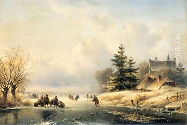 Skaters on a frozen waterway, a mansion beyond Oil Painting by Lodewijk Johannes Kleijn