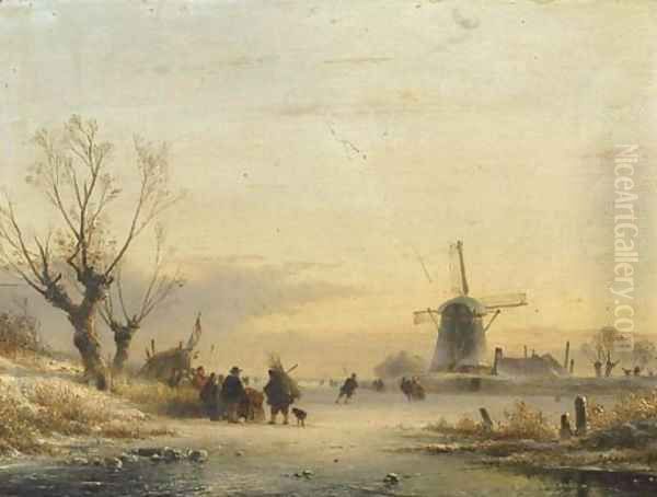 Numerous figures and a koek en zopie on the ice Oil Painting by Lodewijk Johannes Kleijn