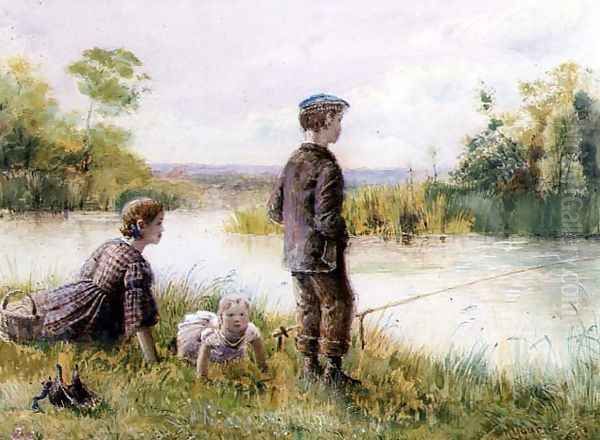 Children fishing by a stream Oil Painting by George Goodwin Kilburne