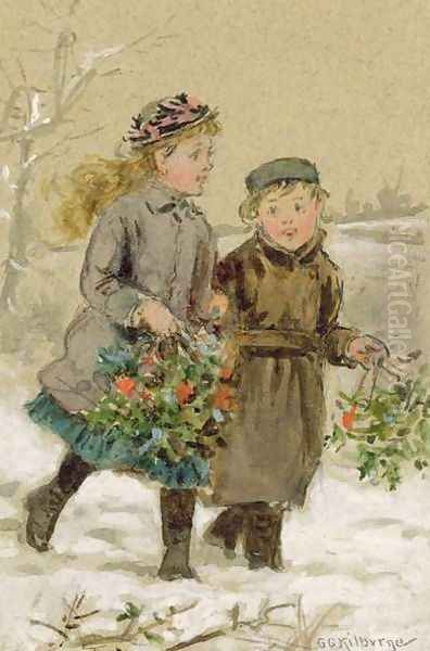 Children Playing in the Snow Collecting Holly Oil Painting by George Goodwin Kilburne