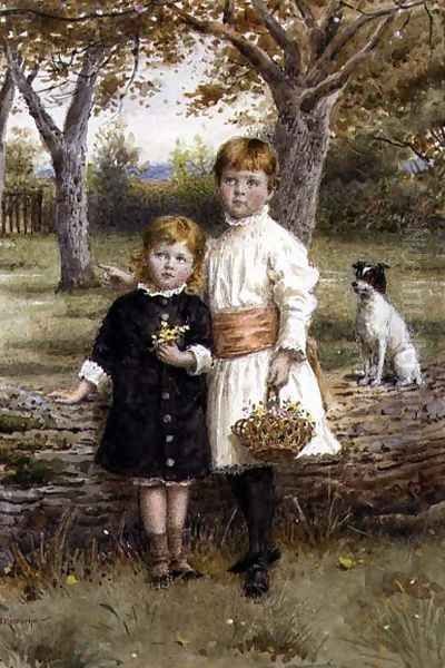 Two Sisters with a Basket of Flowers Oil Painting by George Goodwin Kilburne