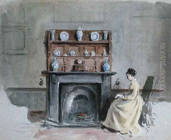 Lady Seated by Fireplace Oil Painting by George Goodwin Kilburne