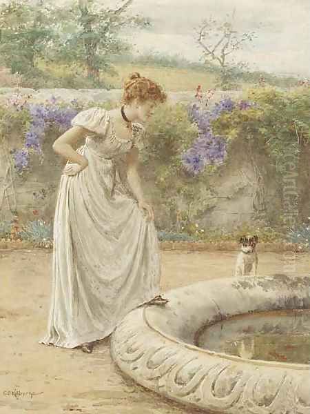 A lady and her dog looking into a fish pond Oil Painting by George Goodwin Kilburne