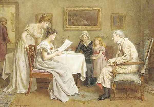 Reading the paper Oil Painting by George Goodwin Kilburne