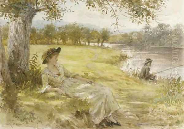 Reclining by the riverbank Oil Painting by George Goodwin Kilburne