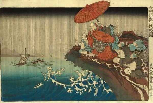 Nichiren Praying for Rain on the Promontory of Ryozangasaki in Kamakura, 1271 Oil Painting by Utagawa Kuniyoshi