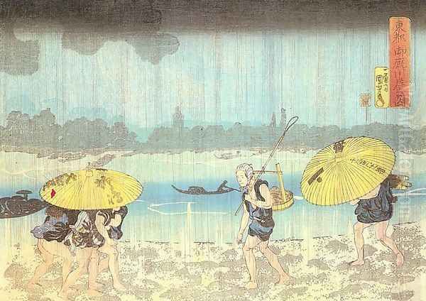 On the Banks of the Sumida in Mimayagashi 1833 Oil Painting by Utagawa Kuniyoshi