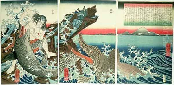 Asahina Saburo and the crocodiles Oil Painting by Utagawa Kuniyoshi