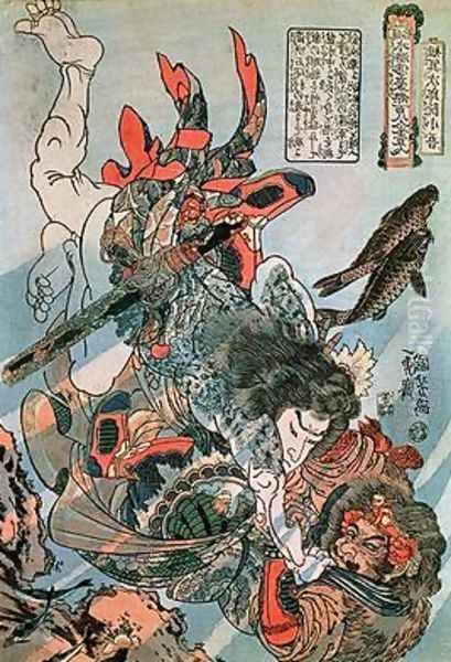 Tameijiro dan Shogo grappling with an adversary under water Oil Painting by Utagawa Kuniyoshi