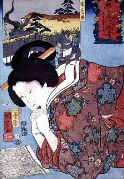 A Honey Shop and a married woman looking at a calendar Oil Painting by Utagawa Kuniyoshi