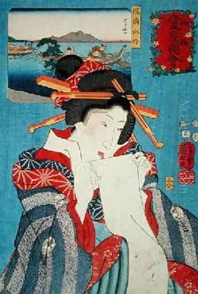 A Jelly fish of Bizen and a woman preparing to write a letter Oil Painting by Utagawa Kuniyoshi