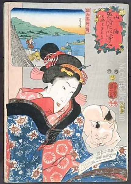 People fishing for octopus and a woman reading a fortune telling book to pick a suitable date for her wedding Oil Painting by Utagawa Kuniyoshi