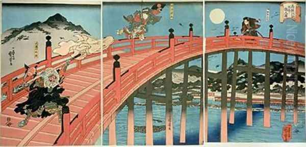 Ushiwaka and Benkei fighting on Gojo bridge Oil Painting by Utagawa Kuniyoshi