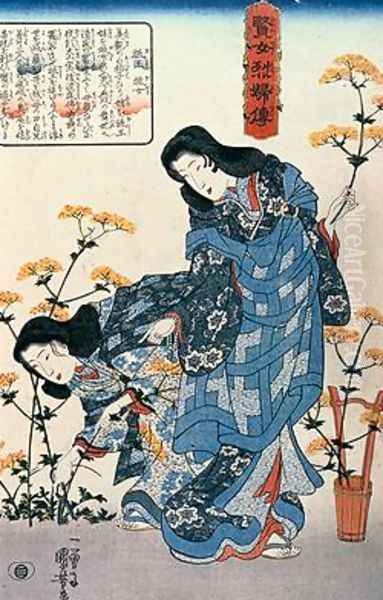 Gio and Giji Gathering Flowers Oil Painting by Utagawa Kuniyoshi