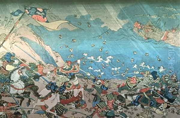 Nichiren summoning the divine Shinpu wind to destroy the Mongol Chinese fleet attacking Japan in 13th century Oil Painting by Utagawa Kuniyoshi