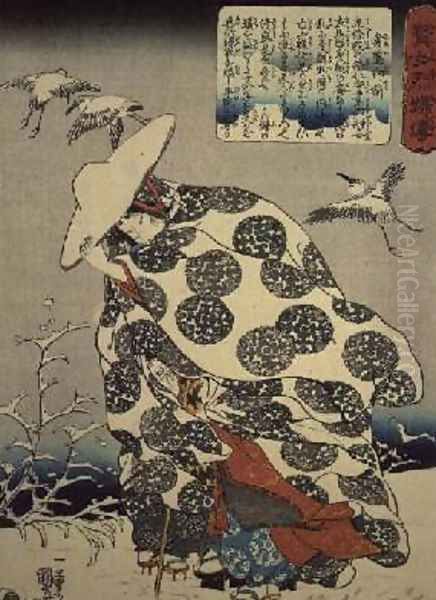 Tokiwa Gozen with her three children in the snow Oil Painting by Utagawa Kuniyoshi