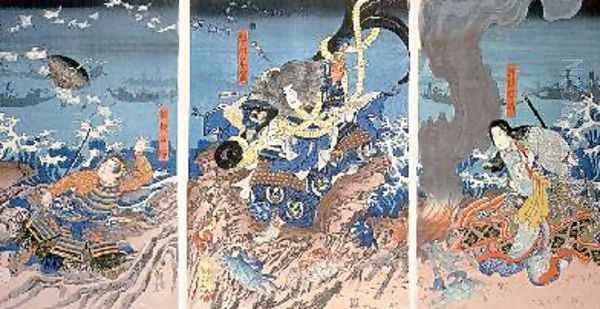 The Death of Tomomori at the battle of Dan no Ura Oil Painting by Utagawa Kuniyoshi