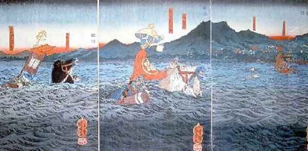 The Rival Generals fording the Ujigawa Oil Painting by Utagawa Kuniyoshi