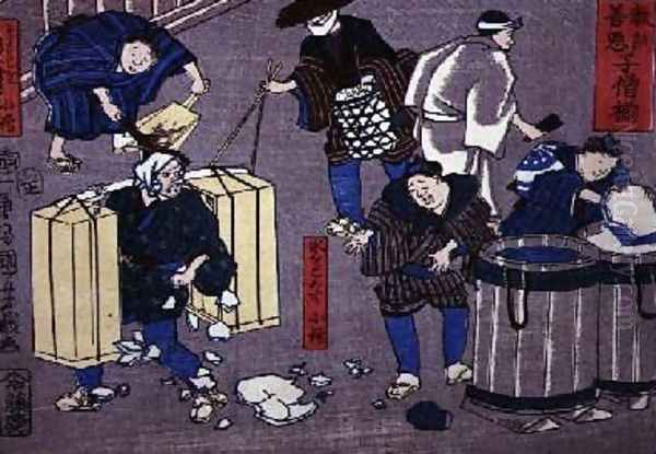 Moral teaching for shopboys giving good and bad examples of behaviour 14 Oil Painting by Utagawa Kuniyoshi