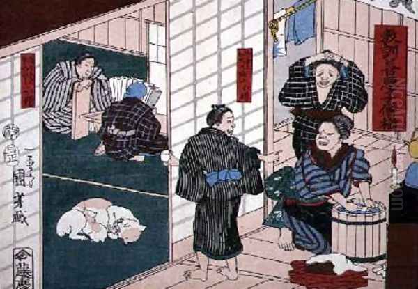 Moral teaching for shopboys giving good and bad examples of behaviour 3 Oil Painting by Utagawa Kuniyoshi