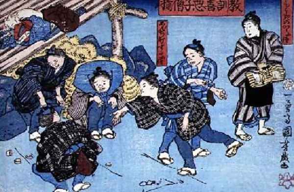 Moral teaching for shopboys giving good and bad examples of behaviour 12 Oil Painting by Utagawa Kuniyoshi