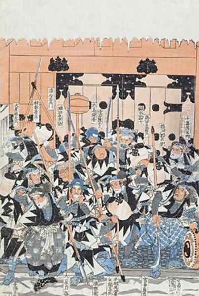 Ronin Attacking the Kiras Gate Oil Painting by Utagawa Kuniyoshi