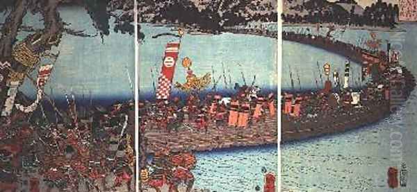 The bridge of boats at the battle of the Nagaragawa Oil Painting by Utagawa Kuniyoshi