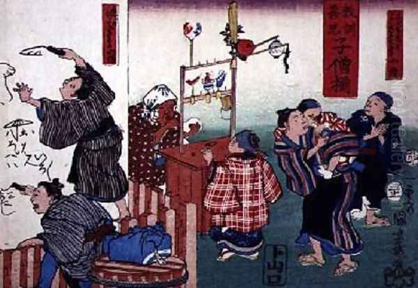 Moral teaching for shopboys giving good and bad examples of behaviour 6 Oil Painting by Utagawa Kuniyoshi