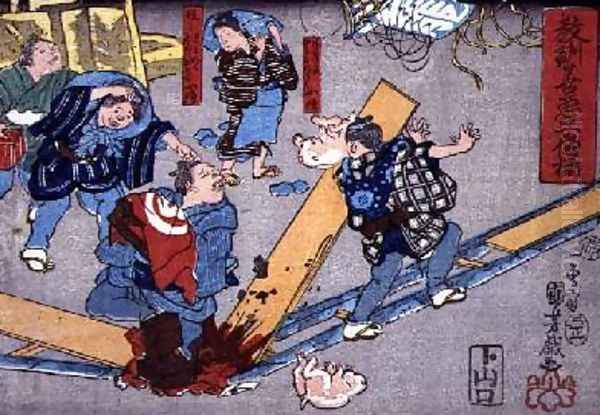 Moral teaching for shopboys giving good and bad examples of behaviour 4 Oil Painting by Utagawa Kuniyoshi