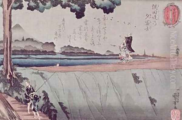 Mount Fuji from the Sumida River embankment one of the views from Edo Oil Painting by Utagawa Kuniyoshi