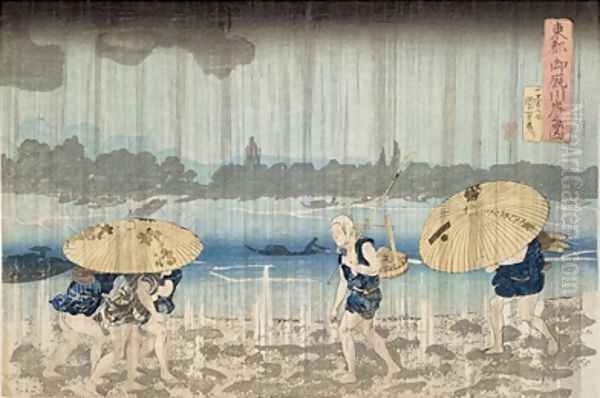 Shower on the Banks of the Sumida River at Ommaya Embankment in Edo Oil Painting by Utagawa Kuniyoshi