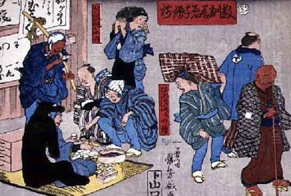 Moral teaching for shopboys giving good and bad examples of behaviour 10 Oil Painting by Utagawa Kuniyoshi