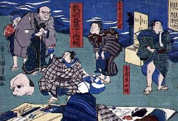 Moral teaching for shopboys giving good and bad examples of behaviour 2 Oil Painting by Utagawa Kuniyoshi