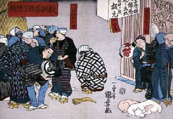 Moral teaching for shopboys giving good and bad examples of behaviour Oil Painting by Utagawa Kuniyoshi