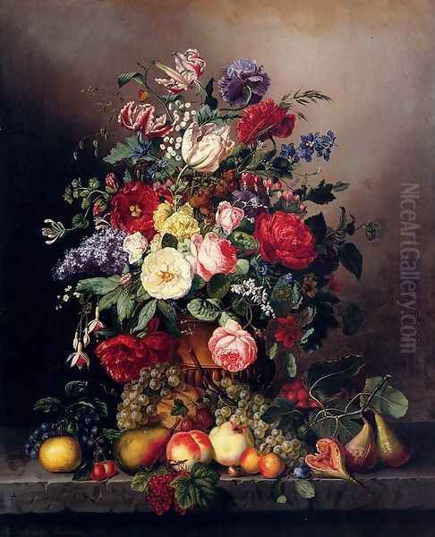 A Still Life With Assorted Flowers, Fruit And Insects On A Ledge Oil Painting by Amalie Kaercher