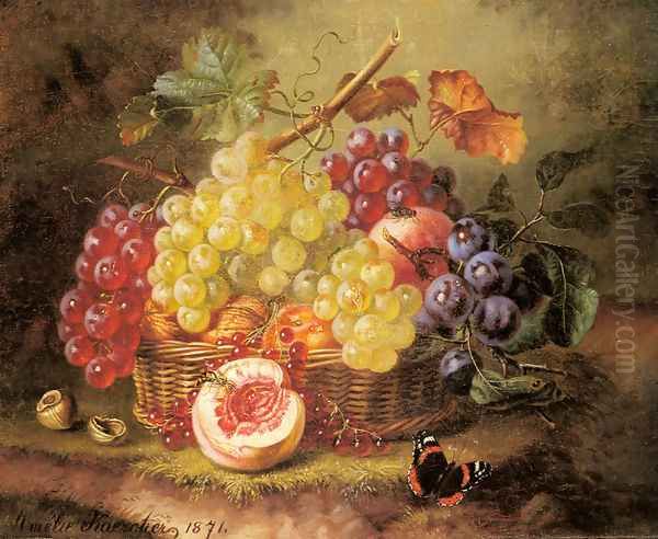 A Still Life with Grapes, Peaches and a Butterfly on a Mossy Bank Oil Painting by Amalie Kaercher