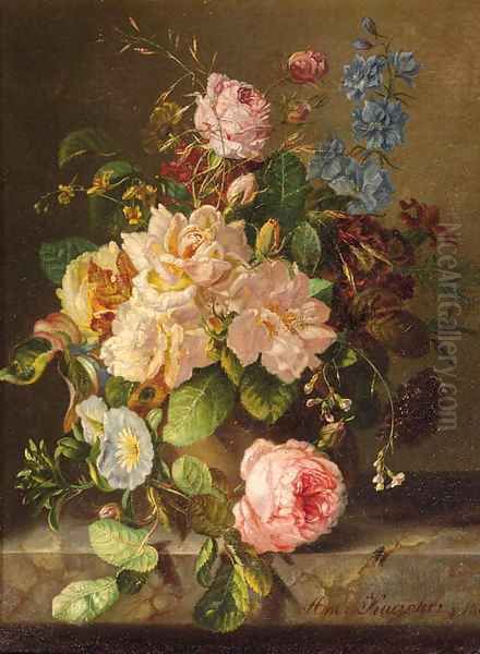 A still life with roses, primulas and morning glory Oil Painting by Amalie Kaercher