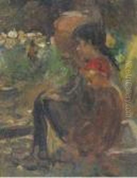 Bimba Seduta In Giardino Oil Painting by Cesare Ciani