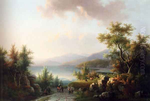 A Wooded Hilly Landscape With Travellers On A Track Near A Lake Oil Painting by Willem De Klerk