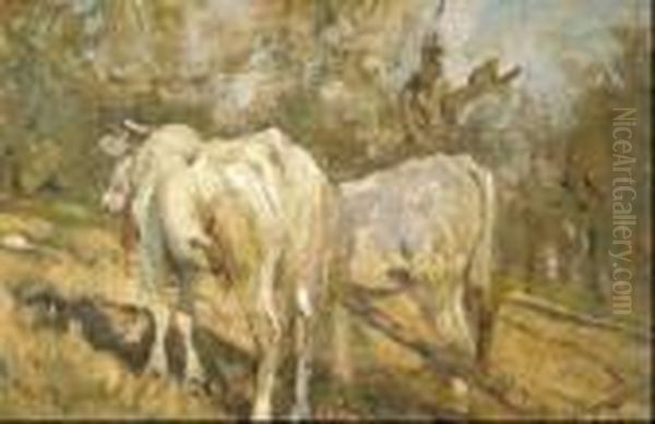 Campo Con Carro Di Buoi Oil Painting by Cesare Ciani