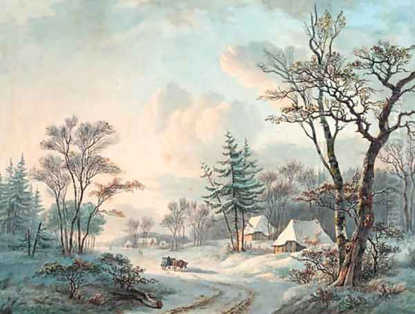 A winter landscape with an ox-cart on a wooded road near a village Oil Painting by Willem De Klerk