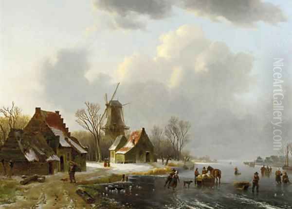 A winterlandscape with peasants on a frozen waterway, with farmhouses and a windmill beyond Oil Painting by Willem De Klerk