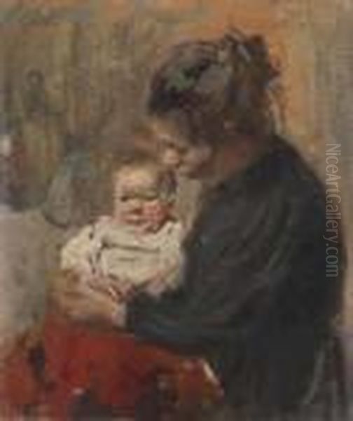 Madre Con Bimbo Oil Painting by Cesare Ciani